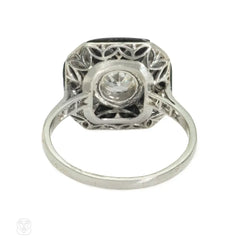 French Art Deco onyx and diamond plaque ring