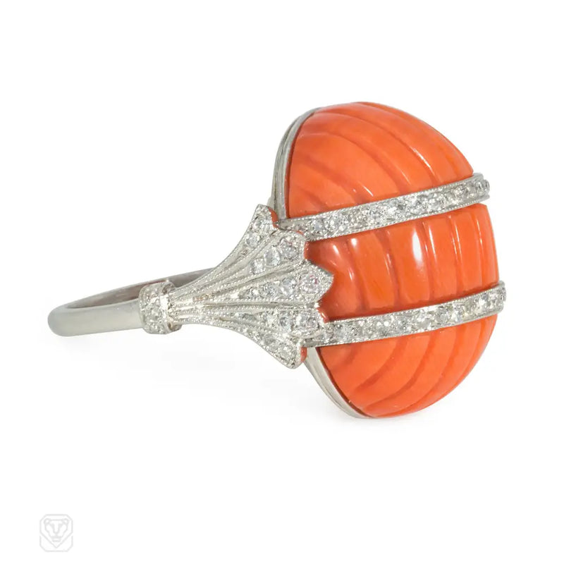 French Coral And Diamond Art Deco Ring