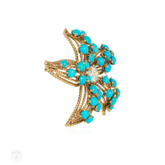 French Mid-century turquoise and diamond flower brooch