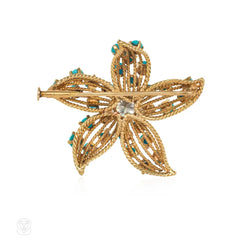 French Mid-century turquoise and diamond flower brooch