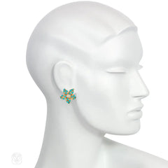 French mid-century turquoise and diamond flower earrings