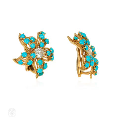 French mid-century turquoise and diamond flower earrings