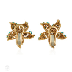 French mid-century turquoise and diamond flower earrings