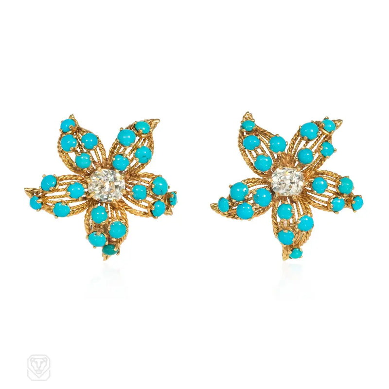 French mid-century turquoise and diamond flower earrings