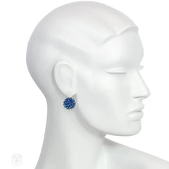 Glass and crystal beaded ball earrings in white and satin blue