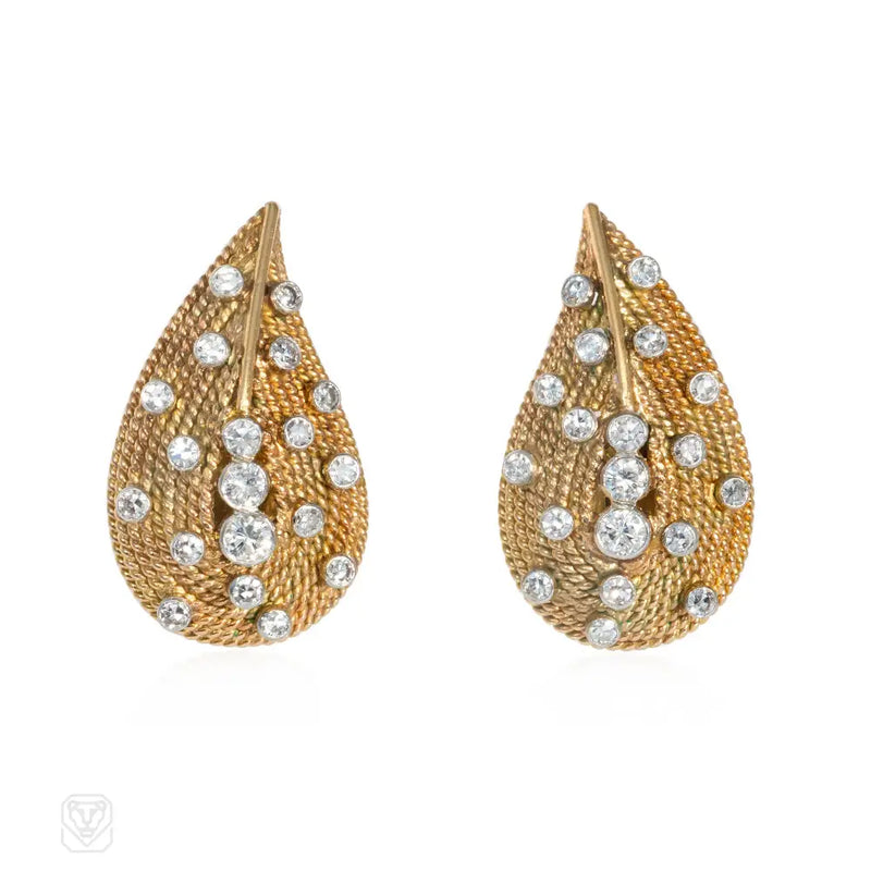 Gold And Diamond Mid-Century Leaf Earrings