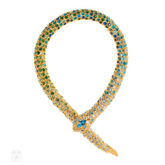 Goldtone blue and green crystal snake necklace/convertible to bracelet