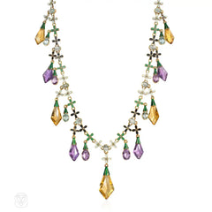 Important antique Carlo Giuliano multi-gem, enamel, and gold necklace