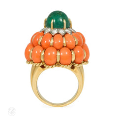 Mid-Century emerald, coral, and diamond cocktail ring