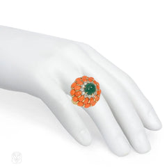 Mid-Century emerald, coral, and diamond cocktail ring