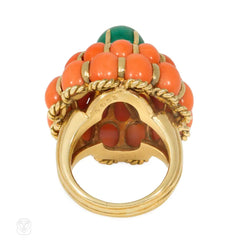 Mid-Century emerald, coral, and diamond cocktail ring