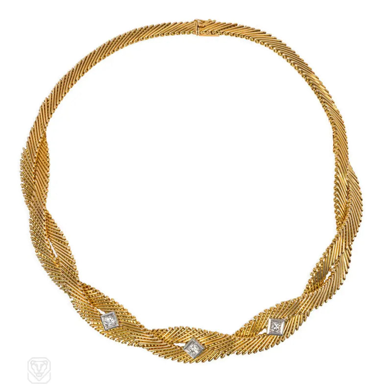 Mid-Century Gold Wire Twist Necklace With Diamonds