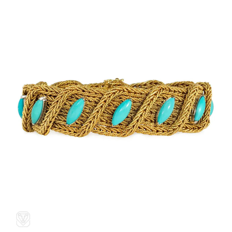 Mid-Century Italian Woven Gold And Turquoise Bracelet