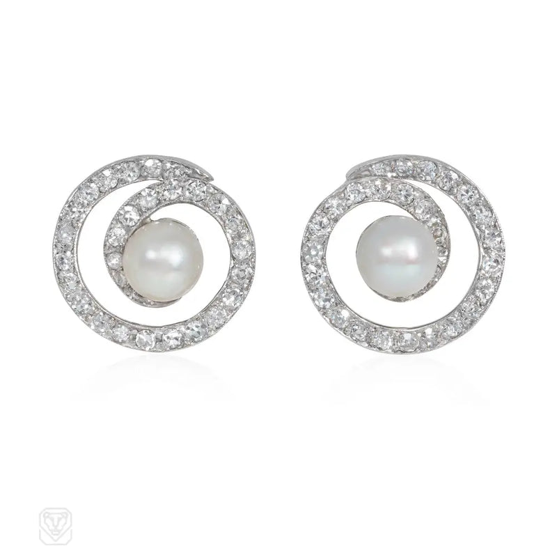 Mid-Century Natural Pearl And Diamond Spiral Earrings