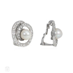 Mid-century natural pearl and diamond spiral earrings