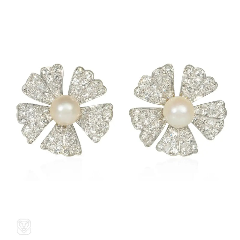 Ostier Pearl And Diamond Flower Earrings