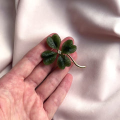 Retro nephrite jade four leaf clover brooch