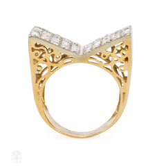 Retro gold and pavé diamond double plaque ring