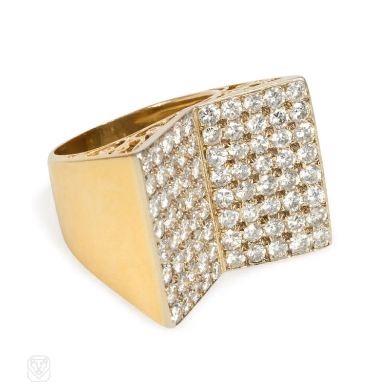 Retro gold and pavé diamond double plaque ring