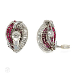 Retro invisibly set ruby and diamond stylized knot earrings