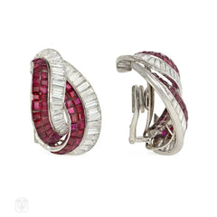 Retro invisibly set ruby and diamond stylized knot earrings