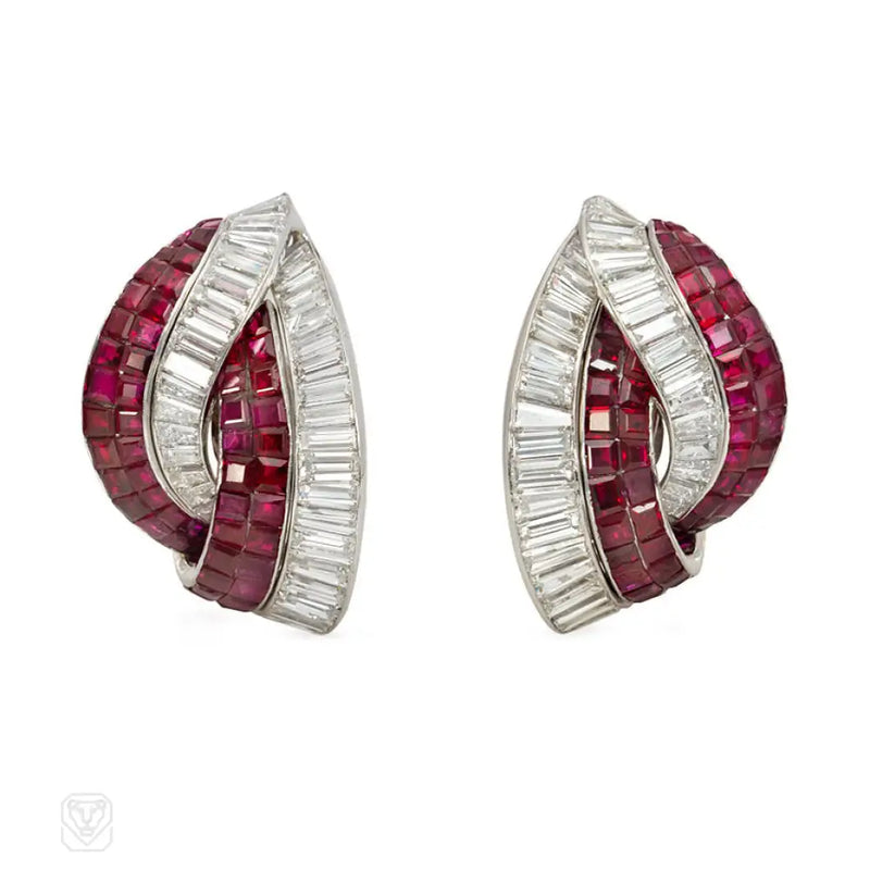 Retro invisibly set ruby and diamond stylized knot earrings