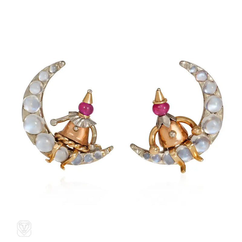 Rubel Retro moonstone and ruby man on the moon earrings