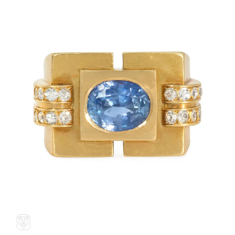 Retro Van Cleef And Arpels Sapphire Diamond Tank Ring