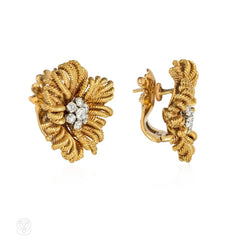 Van Cleef & Arpels, France gold and diamond flower earrings