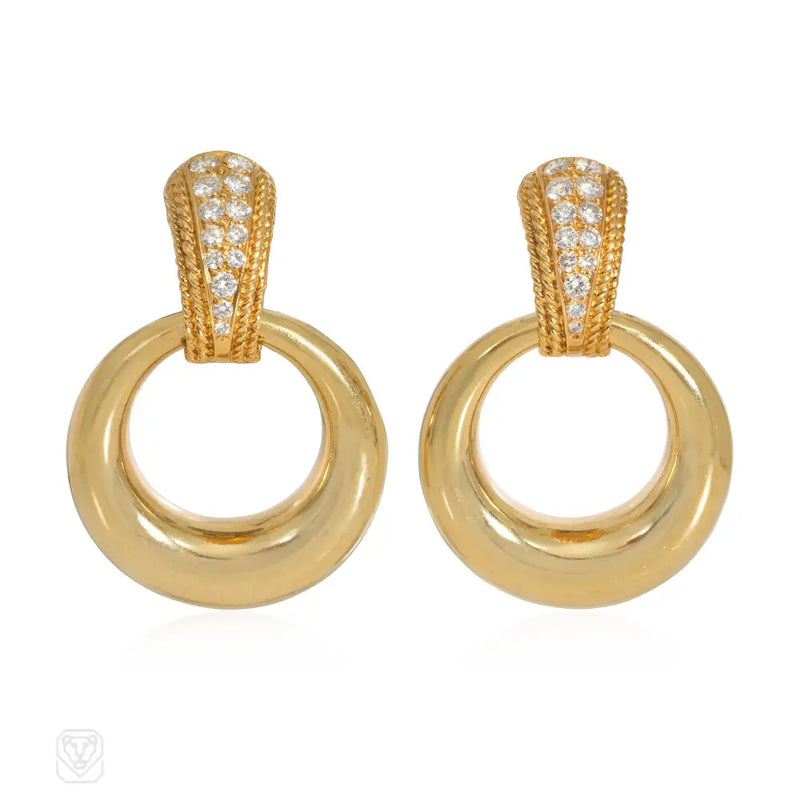 Van Cleef & Arpels Interchangeable Diamond And Gold Doorknocker Hoop Earrings