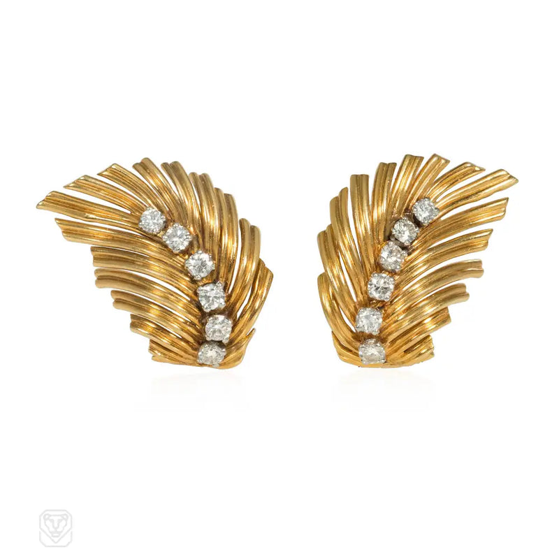 Van Cleef & Arpels Mid-Century Diamond And Gold Leaf Earrings