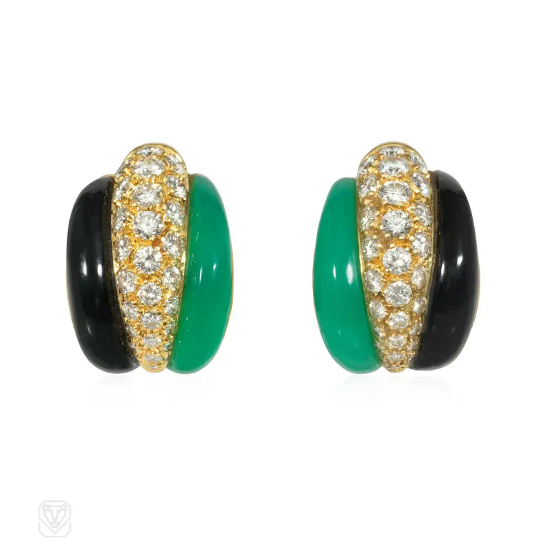 Van Cleef & Arpels Mid-Century Diamond Onyx And Chrysoprase Earrings